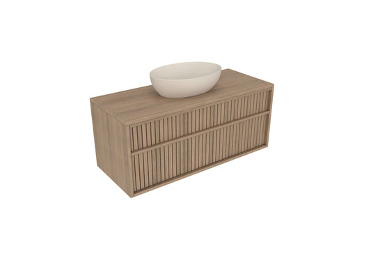 Wooden vanity with a white bowl on top against a white background
