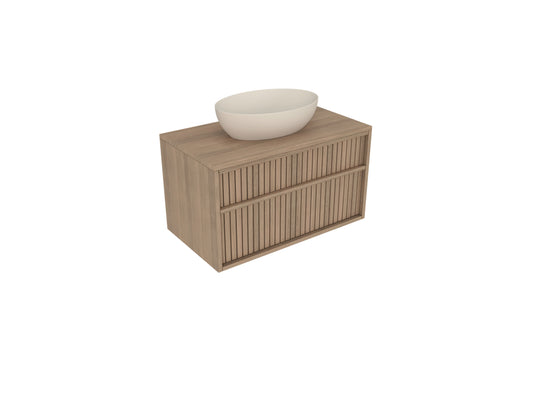 Wooden vanity with a white basin on a white background